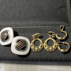 Vintage clip on earrings; two gold tone; 1 white with brown and silver
